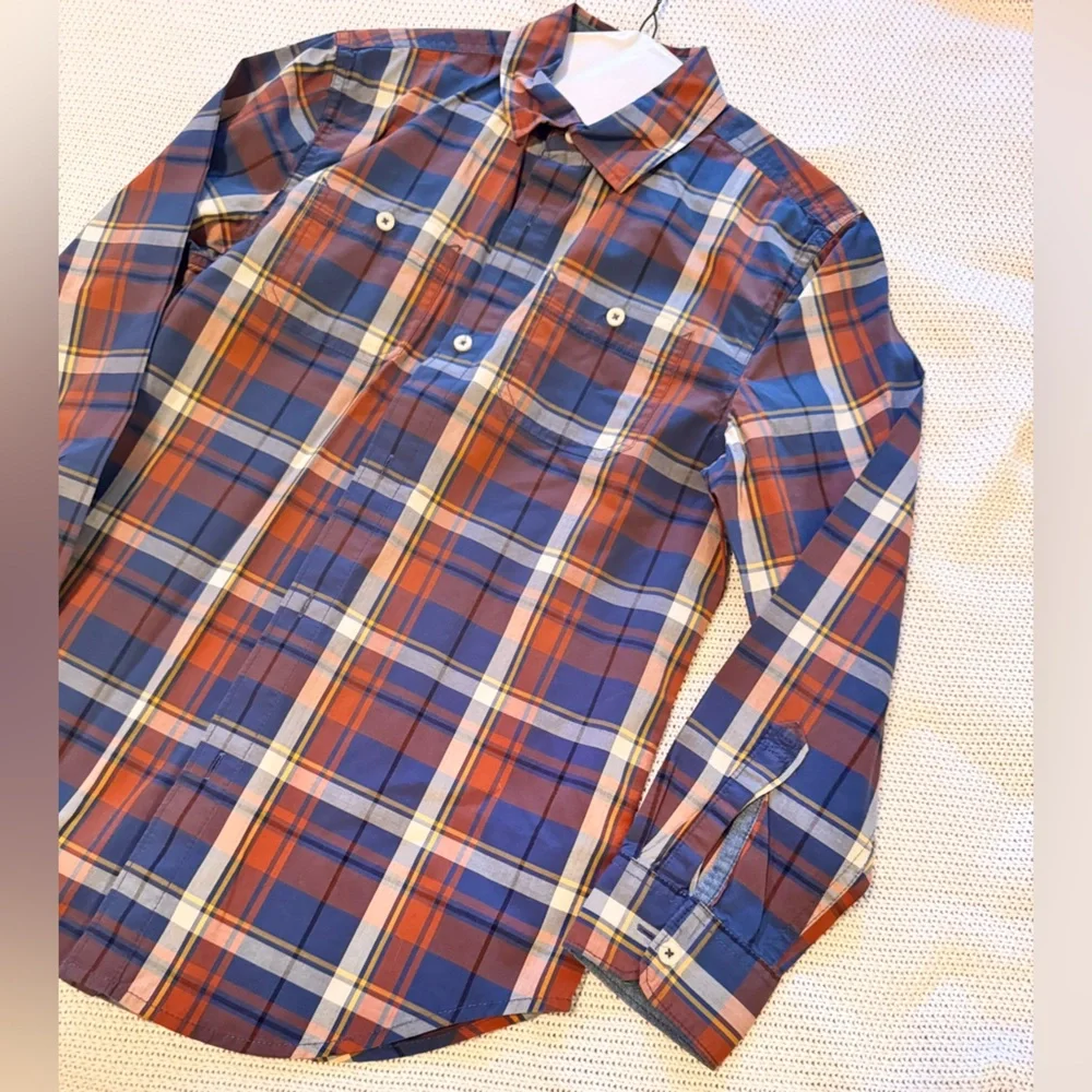 TUCKER + TATE Boys Tartan Plaid Button Down Shirt Navy Blue Rust Orange White - Picture 3 of 8